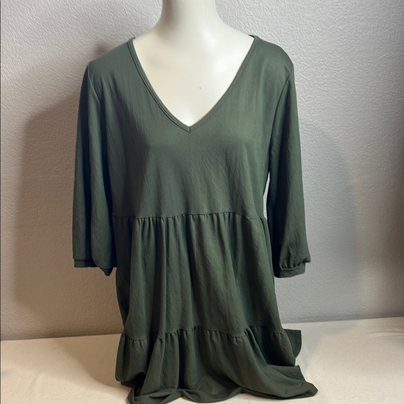 Tops - Little Basic Tee Olive Green Babydoll Dress | Size Large | Tiered & Flowy